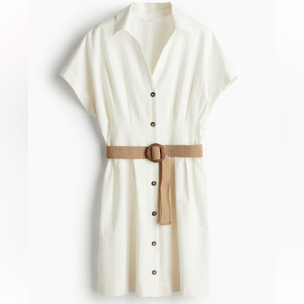 H&M Chic White Linen Blend Dress with Tan Belt - Picture 1 of 7
